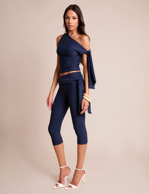 Knot Detail Asymmetric One Shoulder Luxe Slinky Top Navy