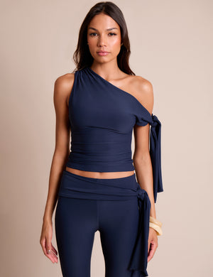 Knot Detail Asymmetric One Shoulder Luxe Slinky Top Navy