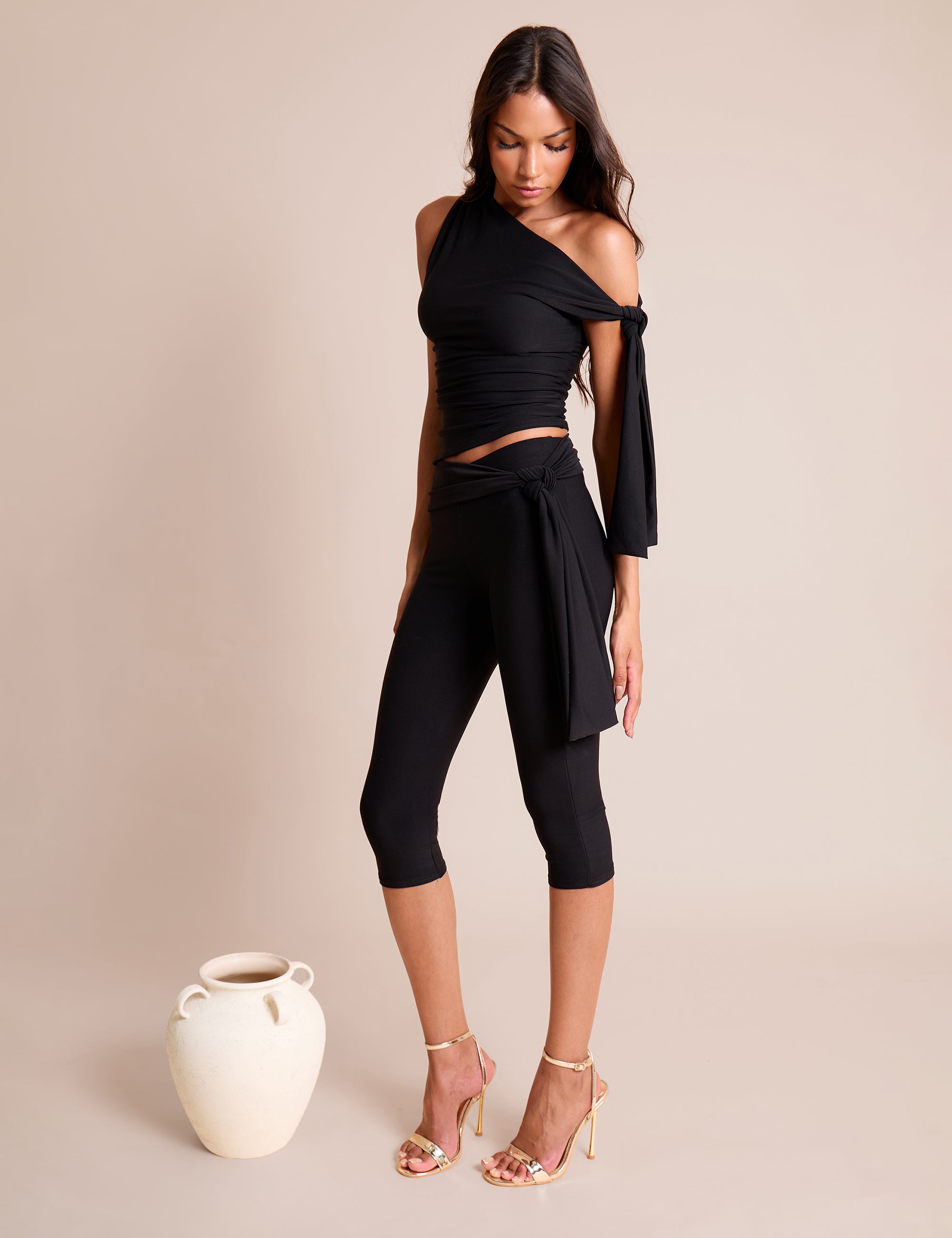 Knot Detail Tie Side Luxe Slinky Capri Pants Black | Public