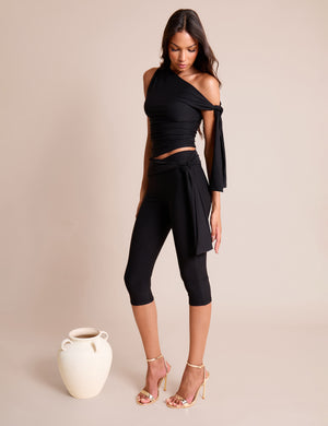 Knot Detail Tie Side Luxe Slinky Capri Pants Black