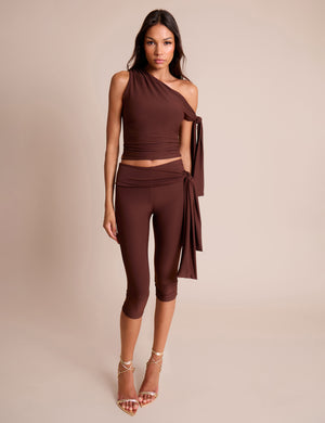 Knot Detail Tie Side Luxe Slinky Capri Pants Chocolate