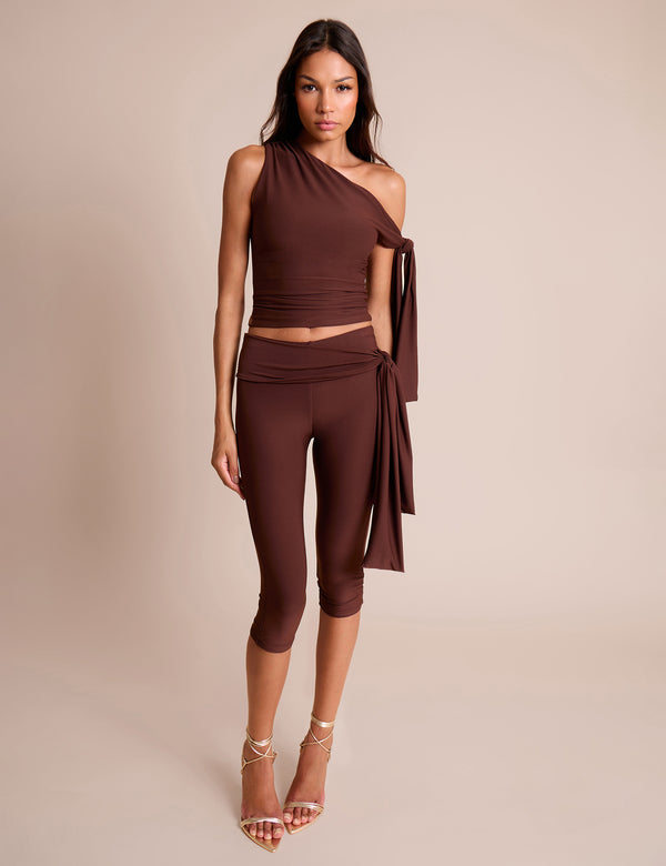 Knot Detail Tie Side Luxe Slinky Capri Pants Chocolate