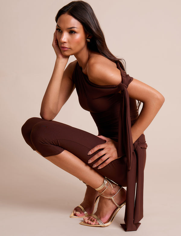 Knot Detail Tie Side Luxe Slinky Capri Pants Chocolate