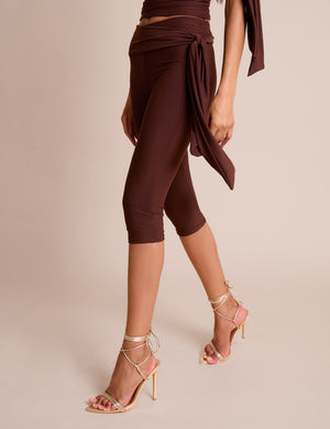 Knot Detail Tie Side Luxe Slinky Capri Pants Chocolate