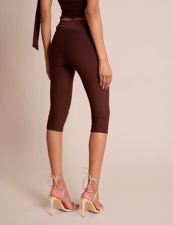 Knot Detail Tie Side Luxe Slinky Capri Pants Chocolate