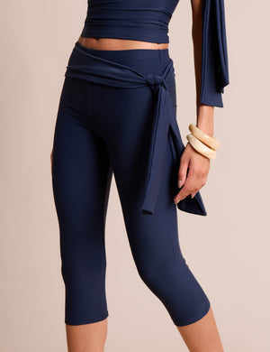 Knot Detail Tie Side Luxe Slinky Capri Pants Navy