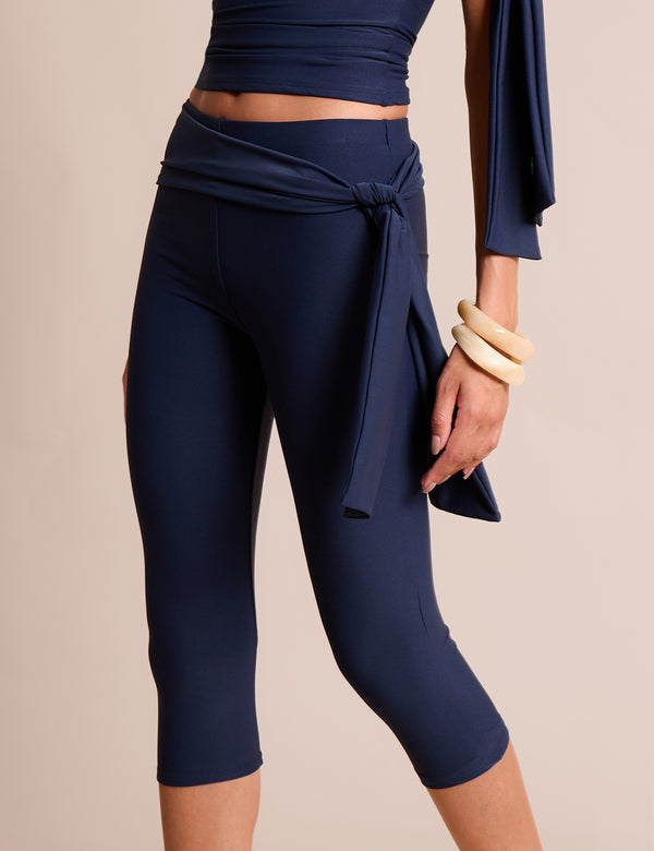 Knot Detail Tie Side Luxe Slinky Capri Pants Navy