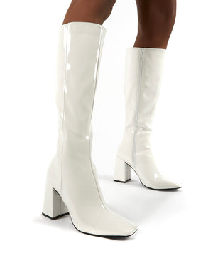 Apology White Patent Knee High Block Heel Boots