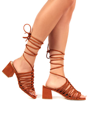 Bali Tan Faux Suede Lace up Mid Heel