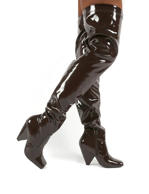Conquer Chocolate Patent Thigh High Over The Knee Square Toe Cone Block Heeled Boots
