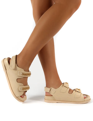 Ellis Wide Fit Nude PU Chain Detail Flat Sandal