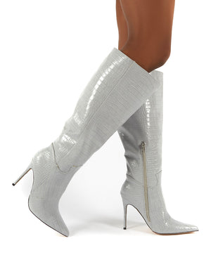Go Wide Fit Grey Knee High Pointed Toe Stiletto Heeled Boots