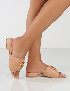 Harrie Nude Padded Metal Detail Flat Strappy Sandals