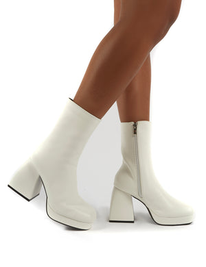Addilyn White Chunky Heel Ankle Boots