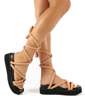 Jolly Nude Drench PU Weaved Ankle Strap Detail Chunky Sandals