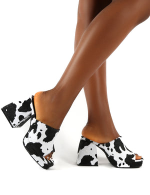 Oreo Cow Print Wide Fit Chunky Heel Mules Public Desire