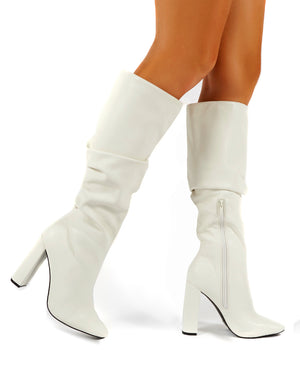 Yours White PU Heeled Knee High Block Boots