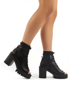 Bassline Black PU Chunky Heeled Peeptoe Ankle Boots