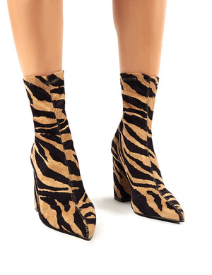Harri Tiger Print Faux Suede Heeled Sock Fit Ankle Boots