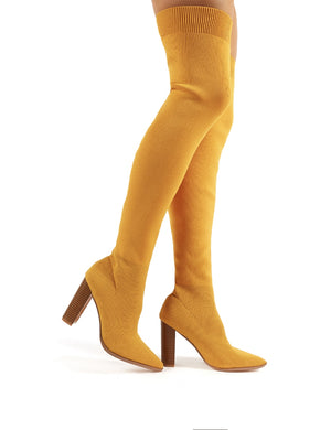 Romee Mustard Knitted Block Heeled Over the Knee Boots