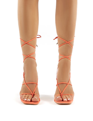 Hysteria Orange Faux Suede Strappy Lace Up Clear Perspex Stiletto High Heels