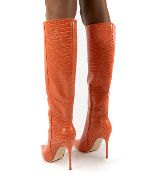 Aimi Orange Croc Knee High Stiletto Heel Boots
