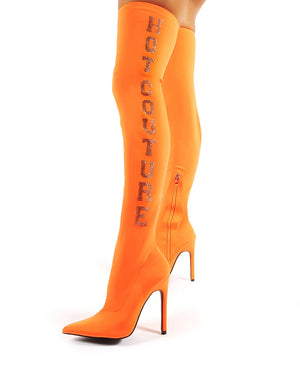 Authority Neon Orange Diamante Slogan Heeled Over the Knee Boots