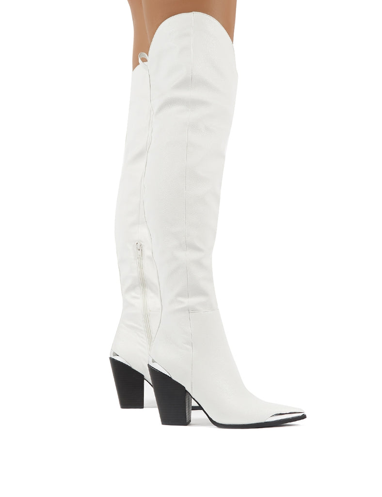 Honor White Western Block Heeled Knee High Boots | Public Desire