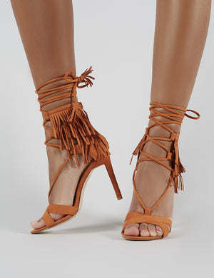 Montana Fringed Lace Up Heels in Tan Faux Suede
