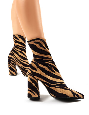 Harri Tiger Print Faux Suede Heeled Sock Fit Ankle Boots