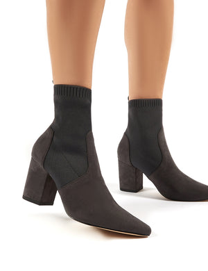 Nuala Grey Suede Block Heeled Knitted Sock Fit Ankle Boots
