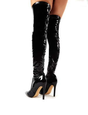 Ruthless Over the Knee Boots in Black Patent