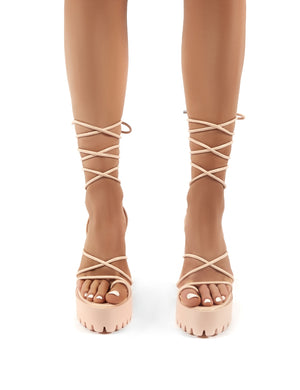 Spaghetti Nude Lace Up Cleated Platform Block High Heels