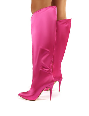 Thriller Hot Pink Satin Stiletto Heeled Knee High Boots