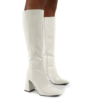 Apology White Patent Knee High Block Heel Boots Public Desire