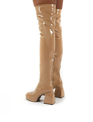 Chrome Camel Patent Chunky Heel Over The Knee Boots