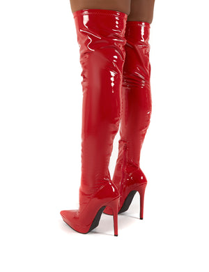 Forward Red Patent Stiletto Heeled Over the Knee Boots