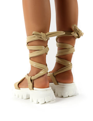 Friction Nude PU Chunky Sole Lace Up Sandals