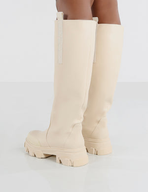Amber x Public Desire Genius Cream PU Knee High Chunky Sole Boot Public Desire