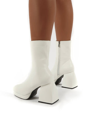 Addilyn White Chunky Heel Ankle Boots