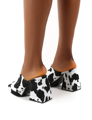 Oreo Cow Print Wide Fit Chunky Heel Mules