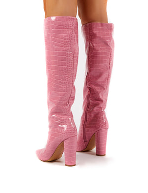 Slow Pink Croc Knee High Block Heel Boots