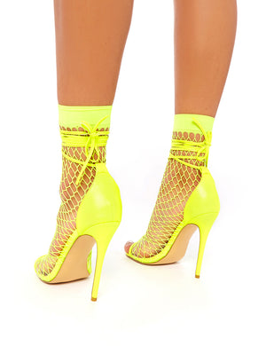 Sunrise Neon Yellow Fishnet Peeptoe Stiletto Heels