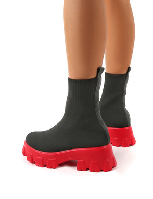 Trust Black and Red Chunky Platform Sole Sock Ankle Boots