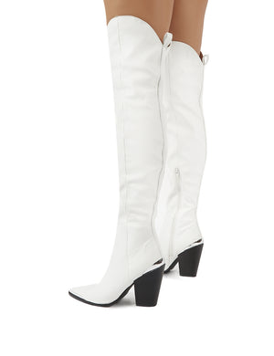 Honor White Western Block Heeled Knee High Boots | Public Desire