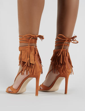 Montana Fringed Lace Up Heels in Tan Faux Suede