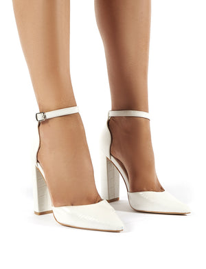 Sofia Wide Fit White Croc Pointed Block Heels Public Desire
