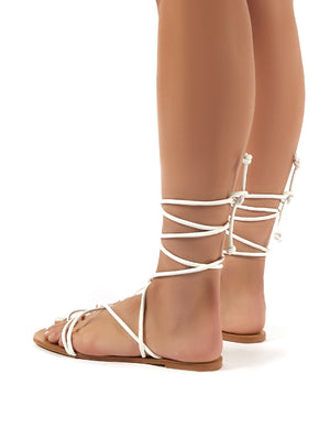 Sunset White Strappy Gladiator Lace up Flat Sandals