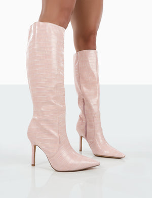 Rosalie Wide Fit Pink Croc Heeled Pointed Toe Knee High Boots