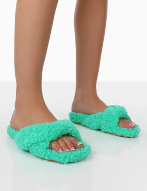 Slumber Green Teddy Cross Over Strap Slippers